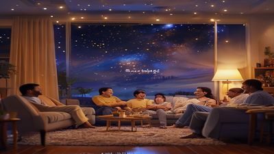 星空传媒喜剧短剧欢乐一家人场景，客厅里一家人欢笑互动，温馨生活喜剧暖色调画面